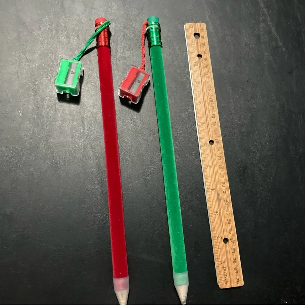 2 Pc  Large  Christmas Holiday 12 Inch Velvety Pencils With Sharpeners, Rare